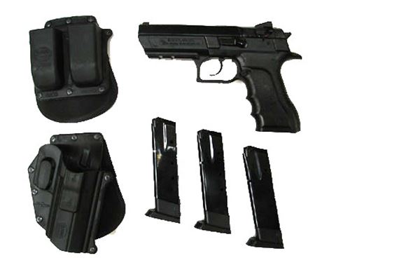 Picture of IWI Jericho 941 RPL / Magnum Research Baby Desert Eagle II Full Size DA/SA Semi-Auto Pistol, Range Kit - 9mm, 4.52", Black Textured Polymer Frame & Black Oxide Steel Slide, 3x10rds, Combat Type White 3-Dot Fixed Sights, Rail, w/Holster & Double Mag Pouch