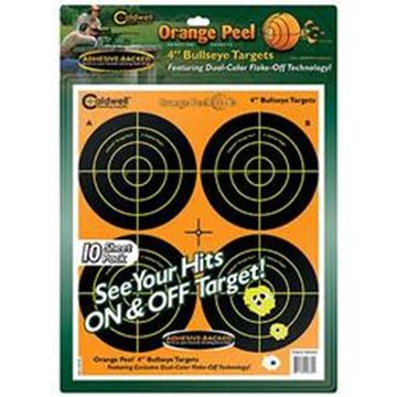 Picture of Caldwell Shooting Supplies Paper Targets - Orange Peel Bullseye Targets, 4", Orange, Adhesive-Backed, Featuring Dual-Color Flake-Off Technology, 10 Sheets Pack