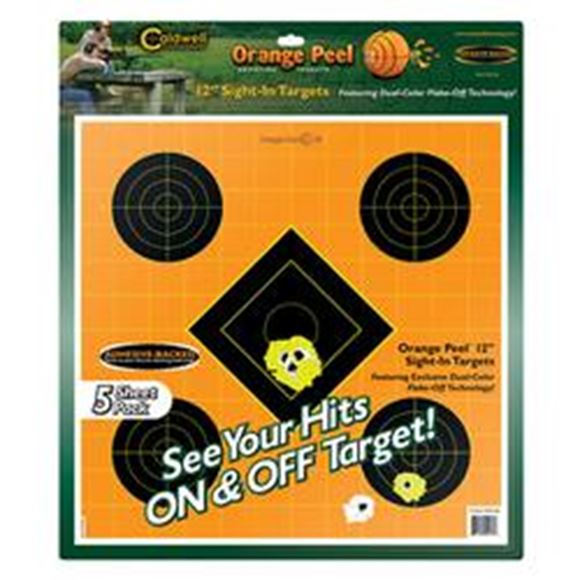 Picture of Caldwell Shooting Supplies Paper Targets - Orange Peel Sight-In Targets, 12", Adhesive-Backed, Featuring Dual-Color Flake-Off Technology, 5 Sheets Pack