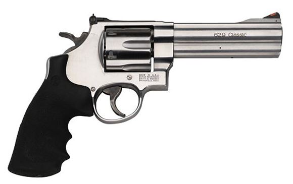 Picture of Smith & Wesson (S&W) Model 629-6 DA/SA Revolver - 44 Rem Mag, 5", Satin Stainless Steel Frame & Cylinder, Large Frame (N), Rubber Grip, 6rds, Red Ramp Front & Adjustable White Outline Rear Sights