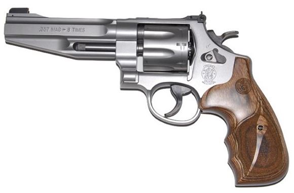 Picture of Smith & Wesson (S&W) Performance Center Model 627-5 DA/SA Revolver - 357 Mag, 5", Matte Silver, Stainless Steel Frame & Cylinder, Large Frame (N), Wood & 2nd Synthetic Grip, 8rds, Gold Bead Front & Adjustable Rear Sights