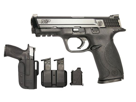 Picture of Smith & Wesson (S&W) M&P40 Striker Fire Action Semi-Auto Pistol Range Kit - 40 S&W, 4-1/4", Black 68HRc, Zytel Polymer Frame & Black 68HRc Stainless Steel Slide, Polymer Grip, 3x10rds, White Dot Dovetail Front & Steel Low Profile Carry Rearl Sights, w/Ho