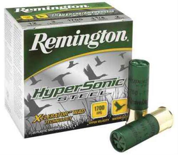 Picture of Remington Hypersonic Steel Shotgun Ammo - 12Ga, 3-1/2", 1-3/8oz, BB, Zinc Plated Steel Shot, 25rds Case. Ignition Chamber Technology, 1700fps