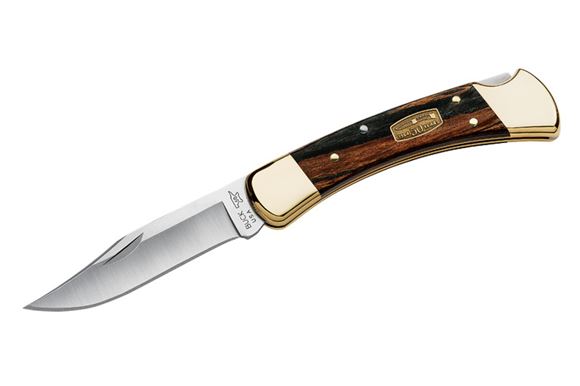 Picture of Buck Hunting Knives - 110 Folding Hunter Knife, Satin Finish 420HC Stainless Steel, 3-3/4" Clip Folding Blade, Macassar Ebony Dymondwood w/Brass Bolsters Handle, Black Genuine Leather Sheath