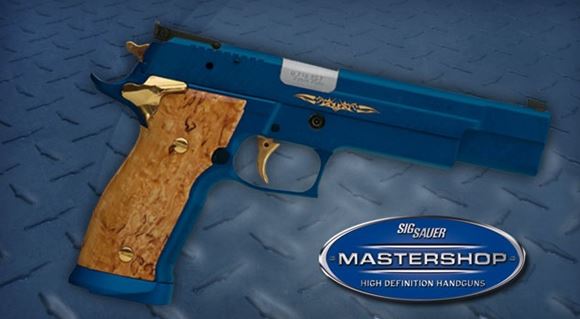 Picture of SIG SAUER Mastershop Series P226 X-Five Scandic Blue Single Action Semi-Auto Pistol - 9mm, 5.0", Stainless Steel, Blue Pearl Ilaflon Coating, Custom Tribal Slide Engraving, Gold Accents, Custom Scandinavian Birch Wood Grip Plates, 2x10rds, Low-Profile