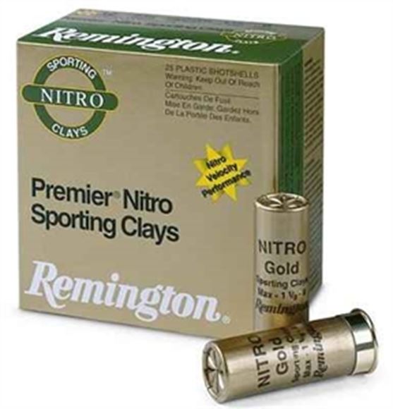 Picture of Remington Target Loads, Premier Nitro Gold Sporting Clays Target Loads Shotgun Ammo - 12Ga, 2-3/4", MAX DE, 1-1/8oz, #7-1/2, Extra Hard STS Target Shot, 250rds Case, 1300fps