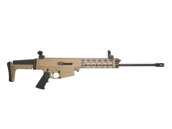 Picture of Robinson Armament XCR-L Standard Semi-Auto Rifle - 223 Rem, 18.6", Light Contour, 1:9", Lightweight Key-Mod, FAST Collapsble Stock, Tan, 5rds, MidWest Industries Flip Up Sights, 2-Stage Trigger, Muzzle Brake