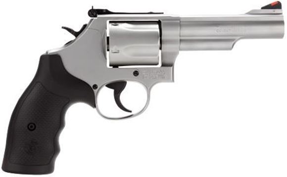 Picture of Smith & Wesson (S&W) Classic Model 69 DA/SA Revolver - 44 Rem Mag/44 S&W Special, 4.25", Glass Bead Stainless Steel, Medium Frame (L), Synthetic Grip, 5rds, Red Ramp Front & White Outline Adjustable Rear Sights