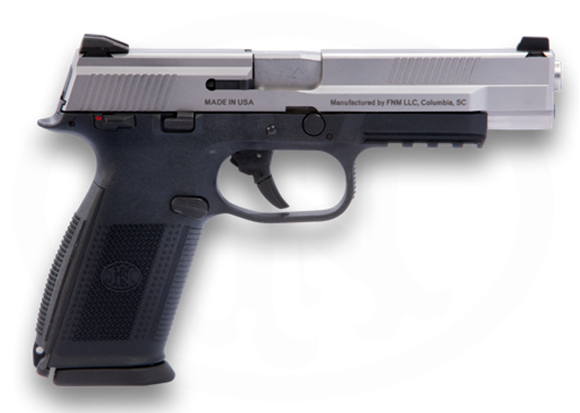 Picture of FN Herstal (FNH) FNS-9 Long Slide Double Action Semi-Auto Pistol - 9mm, 5", Cold Hammer-Forged Stainless Steel, Matte Silver Stainless Steel Slide, Black Polymer Frame, 3x10rds, Fixed 3-Dot Sights, Fully-Ambidextrous Slide Stop Levers & Magazine Release,