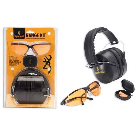 Picture of Browning Shooting Accessories, Eye & Ear Protection - Range Kit (Foam Earplugs, Glasses, Muff), NRR 27 dB, Black
