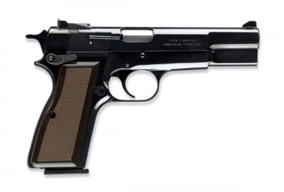 Picture of Browning Hi-Power Standard Single Action Semi-Auto Pistol - 9mm, 4-5/8", Matte, Polished Blued, Select Walnut Grips, 2x10rds, White Dot Front & Adjustable White Dot Rear Sights