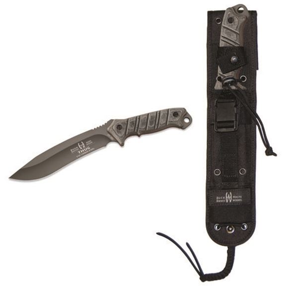 Picture of Buck Survival Knives - 070 Buck/Hood Thug Knife, Powdercoated 5160 Alloy Steel, 7" Drop Point Fixed Blade, Black Removable Linen Micarta Handle, Black M.O.L.L.E. Compatible Nylon Sheath