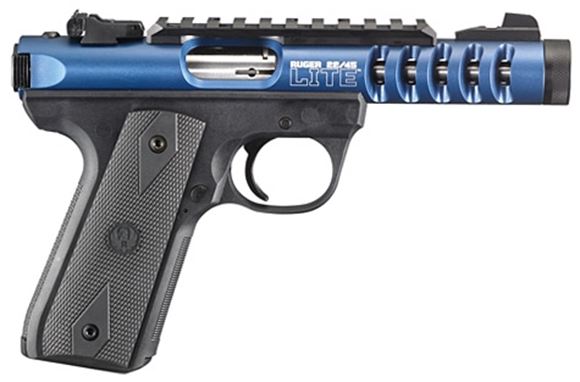 Picture of Ruger 22/45 Lite Rimfire Semi-Auto Pistol - 22 LR, 4.4", Threaded, Blue Anodize Aluminum, Zytel Polymer Frame, Replaceable Black Molded Rubber Grip, 10rds, Fixed Front & Adjustable Rear Sights