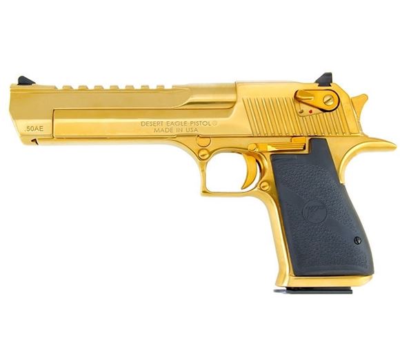 Picture of Magnum Research Desert Eagle Mark XIX Single Action Semi-Auto Pistol - 50 AE, 6", Titanium Gold Finished Carbon Steel, Frame w/Picattiny Bottom Rail & Slide w/Full Weaver Style Accessory Rail, Rubber Grips, 7rds, Fixed Combat Sights