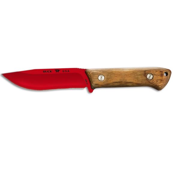 Picture of Buck Recreation Knives - 104 Compadre Camp Knife, Red Powdercoated, 4-1/2" Drop Point Fixed Blade, Heritage Walnut Dymondwood Handle, Black Genuine Leather Sheath