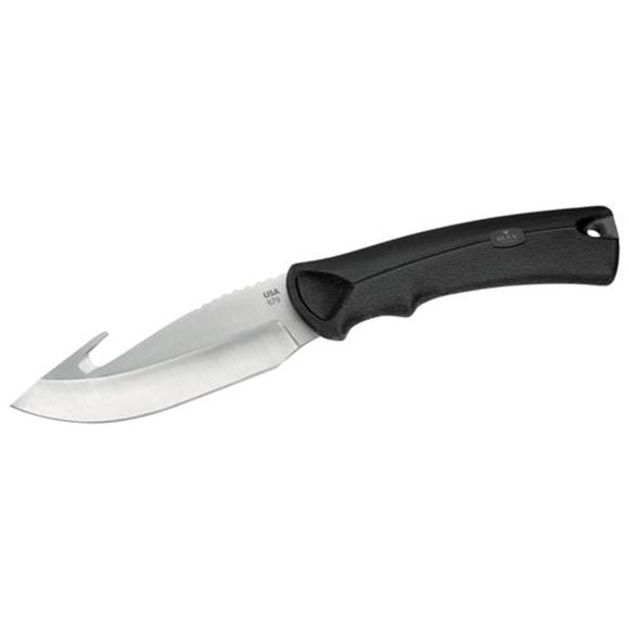 Picture of Buck Hunting Knives - 679 BuckLite MAX Large Knife, Satin Finish 420HC Stainless Steel, 4" Drop Point Fixed Blade w/Guthook, Black Alcryn Rubber Handle, Black Heavy Duty Nylon Sheath