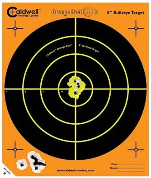 Picture of Caldwell Shooting Supplies Paper Targets - Orange Peel Bullseye Targets, 12", Orange, Adhesive-Backed, Featuring Dual-Color Flake-Off Technology, 5 Sheet Pack
