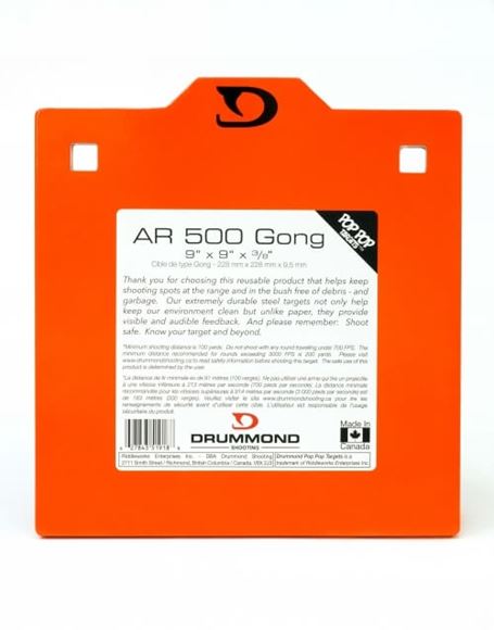 Picture of Drummond Shooting Pop Pop Targets - AR 500 Gong, 9"x9"x3/8", Neon Orange Powder Coat, w/Square Holes For Carriage Bolts, For 7.62x39/308/223/30-06 & More