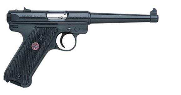 Picture of Ruger Mark III Standard Rimfire Semi-Auto Pistol - 22 LR, 6.0", Blued, Tapered, Alloy Steel, Checkered Grip, 2x10rds, Fixed Sights