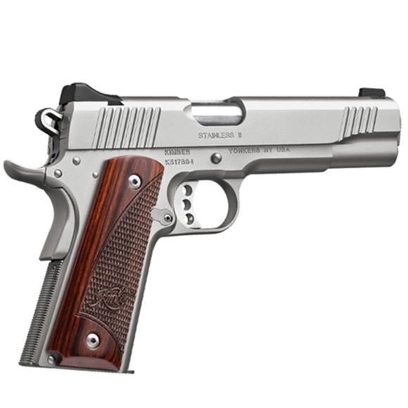 Picture of Kimber 1911 Stainless II Single Action Semi-Auto Pistol - 45 ACP, 5.25", Satin Silver Stainless Steel, Rosewood with Kimber logo Grips, 2x8rds, Aluminum Match Grade Trigger, Fixed Low Profile Sights