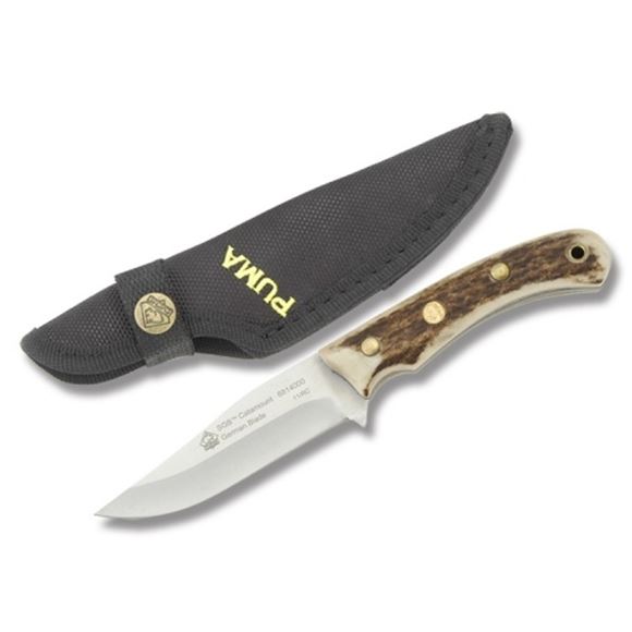 Picture of PUMA SGB Hunting Fixed Knives - SGB Catamount, 3.9", 440C Stainless Steel Blade, 57-60 Custom Proofed Rockwell Hardness, Drop Blade, Stag Scales, Ballistic Cloth Sheath