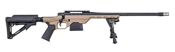 Picture of Mossberg MVP Series MVP-LC (Light Chassis) Bolt Action Rifle - 7.62mm NATO (308 Win), 18.50", Medium Bull, Fluted, w/Muzzle Brake, 1:10", Matte Blue, Tan Aluminum MDT LSS Light Chassis, Black Textured Stock, 10rds, LBA Adjustable Trigger