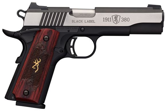 Picture of Browning 1911-380 Black Label Medallion Pro Single Action Semi-Auto Pistol - 380 ACP, 4-1/4", Blackened Stainless Finish w/ Silver Brushed Polished Flats, Matte Black Composite Frame, Rosewood Grips, 8rds, Combat Whtie Dot Front & Rear Sights