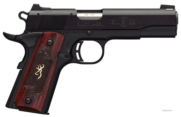 Picture of Browning 1911-22 Black Label Medallion Rimfire Single Action Semi-Auto Pistol - 22 LR, 4-1/4", Matte Black Aluminium Alloy Slide, Matte Black Alloy Frame, Checkered Rosewood Grips w/ Gold Buckmark Inlay, 10rds, Fixed Black A1 Front & Rear Sights