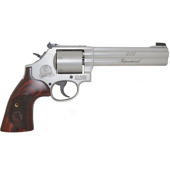 Picture of Smith & Wesson (S&W) Model 686-6 International DA/SA Revolver - 357 Mag, 6", Satin Stainless Steel Frame & Cylinder, Unfluted Cylinder, Wood Grip, 6rds