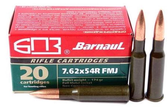 Picture of BarnauL Rifle Ammo - 7.62x54R, 174Gr, FMJ, Lacquered Steel Case, Non-Corrosive, 20rds Box