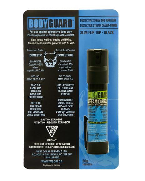 Picture of Defense Aerosols Dog Repellent Pepper Spray - Bodyguard Black Stream Dog Repellent, 20g, w/Belt Clip & Slim Flip Top