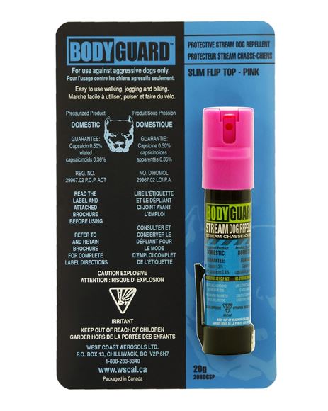 Picture of Defense Aerosols Dog Repellent Pepper Spray - Bodyguard Pink Stream Dog Repellent, 20g, w/Belt Clip & Slim Flip Top