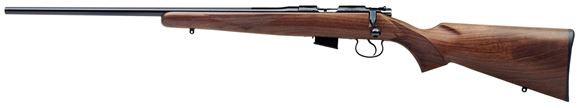 Picture of CZ 452 American Rimfire Bolt Action Rifle, Left Hand - 22 LR, 22.52", Hammer Forged, Blued, Walnut Stock, 5rds, Adjustable Trigger
