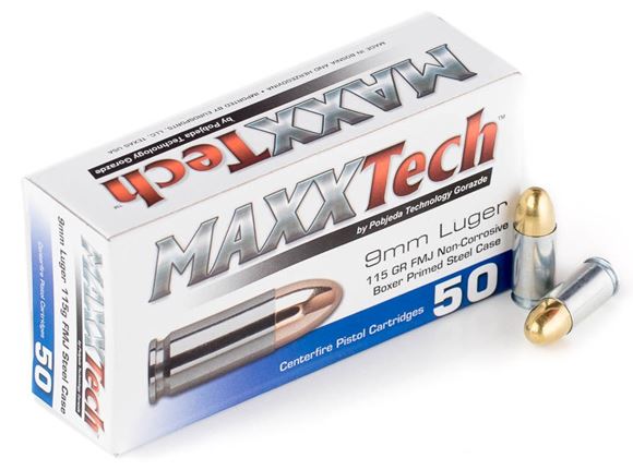 Picture of MAXXTech Pistol Ammo - 9mm Luger, 115gr, FMJ, Steel Case, Non-corrosive, 1000rds case