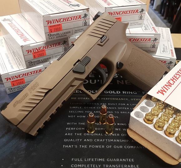 Picture of SIG SAUER P320 FDE Striker Action Semi-Auto Pistol - 9mm, 4.7", Nitron Stainless Steel, Flat Dark Earth (Tan) Polymer Grip Module, 2x10rds, Night Sights, Rail, Holster