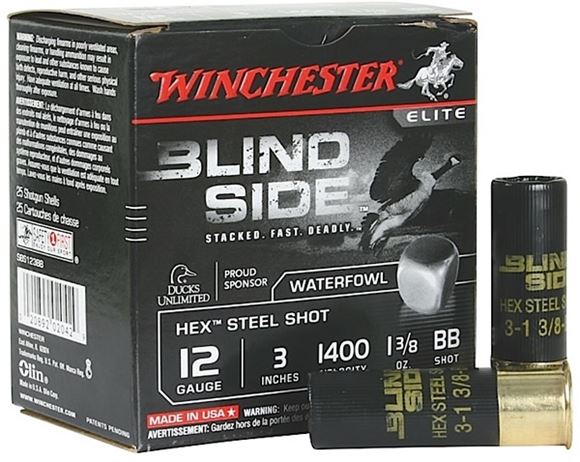 Picture of Winchester Elite Blind Side High Velocity Waterfowl Load Shotgun Ammo - 12Ga, 3", 1-3/8 oz, #3, Hex Steel Shot, 25rds Box, 1400fps