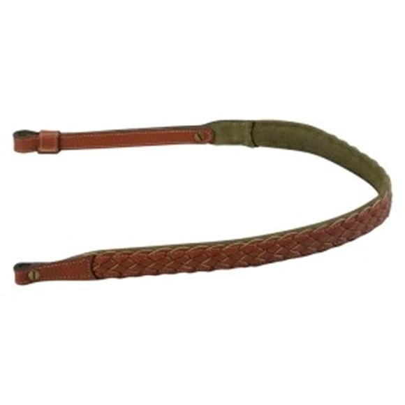Picture of Levy's Hunting European Size Rifle Slings - 1" Braided Chrome-Tan Leather Rifle Sling, Suede Backing, Loop Adjustment, Fits 3/4" Swivels, Secured With Chicago Screws, Adjustable 32" to 36", Walnut w/ Green Backing