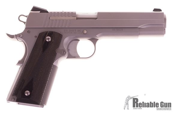 Picture of Used SIG SAUER 1911 Stainless Single Action Semi-Auto Pistol - 45 ACP, 5", Custom Wood Grips, 1 Magazine, Low-Profile Night Sights, Original Case Excellent Condition