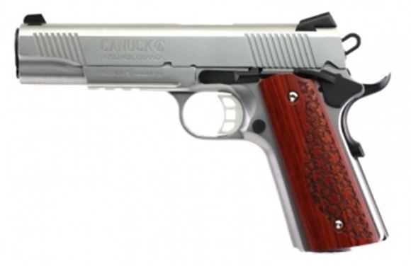 Picture of Tisas, Canuck Stainless 1911 Single Action Semi-Auto Pistol -  45 ACP, 2x8rds, Satin Stainless Finish, Exclusive Canuck Pattern Grips, Accessories Rail