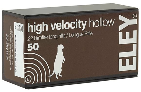 Picture of Eley High Velocity Rimfire Ammo - 38gr, Hollow Point, 1250fps, Black Oxide Brass Case, Hunting, 50rds Box
