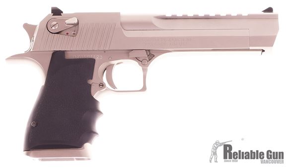 Picture of Used Magnum Research Desert Eagle Mark XIX Single Action Semi-Auto Pistol - 44 Rem Mag, 6", Satin Nickel,  w/Full Weaver Style Accessory Rail,Hogue Rubber Grips, 8rds, Fixed Combat Sights