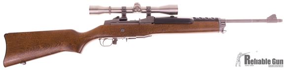 Picture of Used Ruger Mini-14 Stainless Semi Auto Rifle, .223 Rem, Wood Stock, Stainless 4x Weaver Scope, 1x5rd Mag, Excellent Condition