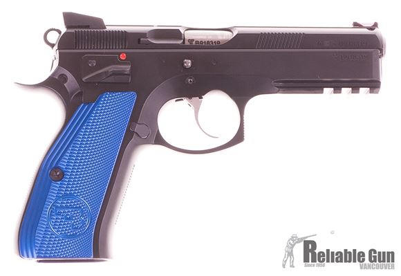 Picture of Used CZ 75 SP-01 Shadow Semi Auto 9mm, With 2 Mags, Blue Aluminum Grips, Excellent Condition