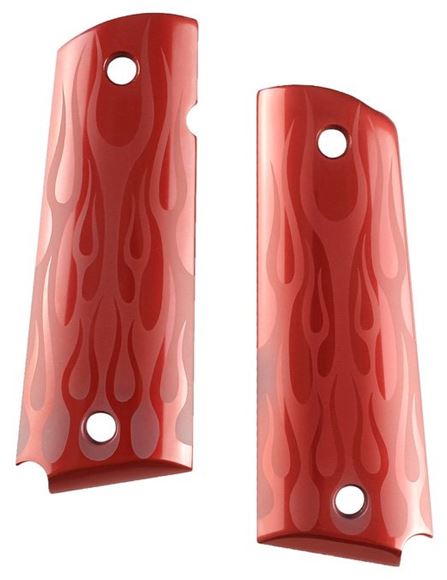 Picture of Hogue Handgun Grips, 1911 Grips, Government 1911/Commander/Clones, Extreme Series Aluminum, 1/4" (Standard) Aluminum Grips - 1911 Govt Model Flames Aluminum, Red Anodized