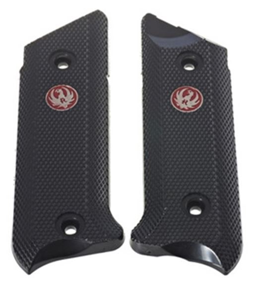Picture of Ruger Factory Pistol Parts - Replacement Grip, Checkered Black Plastic Grips w/ Red Ruger Medallion, Includes 4 Screws, Fits Mark IV Pistols