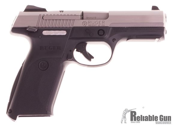 Picture of Used Ruger SR9 Single Action Semi-Auto Pistol - 9mm, 4.14", Brushed Stainless, Stainless Steel, Black Glass-Filled Nylon Grip Frame, 2x10rds, Adjustable 3-Dot Sights, Original Box, Very Good Condition