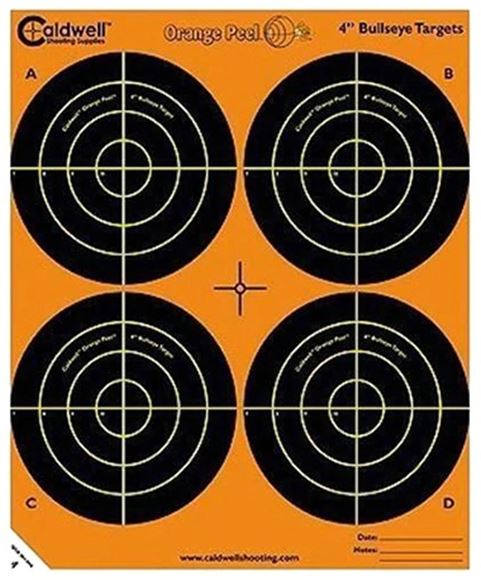 Picture of Caldwell Shooting Supplies Paper Targets - Orange Peel Bullseye Targets, 4", Orange, Adhesive-Backed, Featuring Dual-Color Flake-Off Technology, 5 Sheet Pack