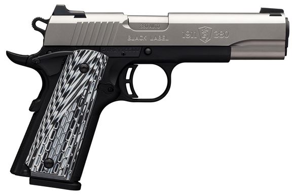 Picture of Browning 1911-380 Black Label Pro SS Single Action Semi-Auto Pistol - 380 ACP, 4-1/4", Stainless Steel Slide, Matte Black Composite Frame, Grey/Black G-10 Grip Panels, 2x8rds, Night Sights, Extended Ambi Safety