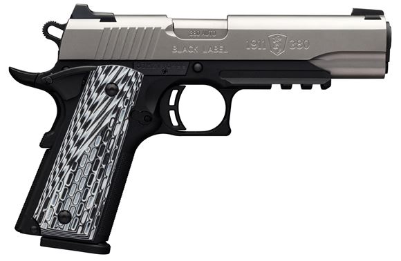 Picture of Browning 1911-380 Black Label Pro SS w/Rail Single Action Semi-Auto Pistol - 380 ACP, 4-1/4", Stainless Steel Slide, Matte Black Composite Frame w/Acc Rail, Grey/Black G-10 Grip Panels, 2x8rds, Night Sights, Extended Ambi Safety