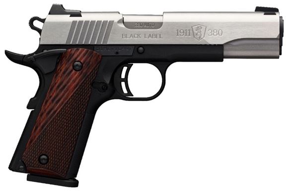 Picture of Browning 1911-380 Black Label Medallion Pro Stainless Single Action Semi-Auto Pistol - 380 ACP, 4-1/4", Stainless Finish, Matte Black Composite Frame, Super Rosewood Laminate Grips, 2x8rds, Combat White Dot Sights